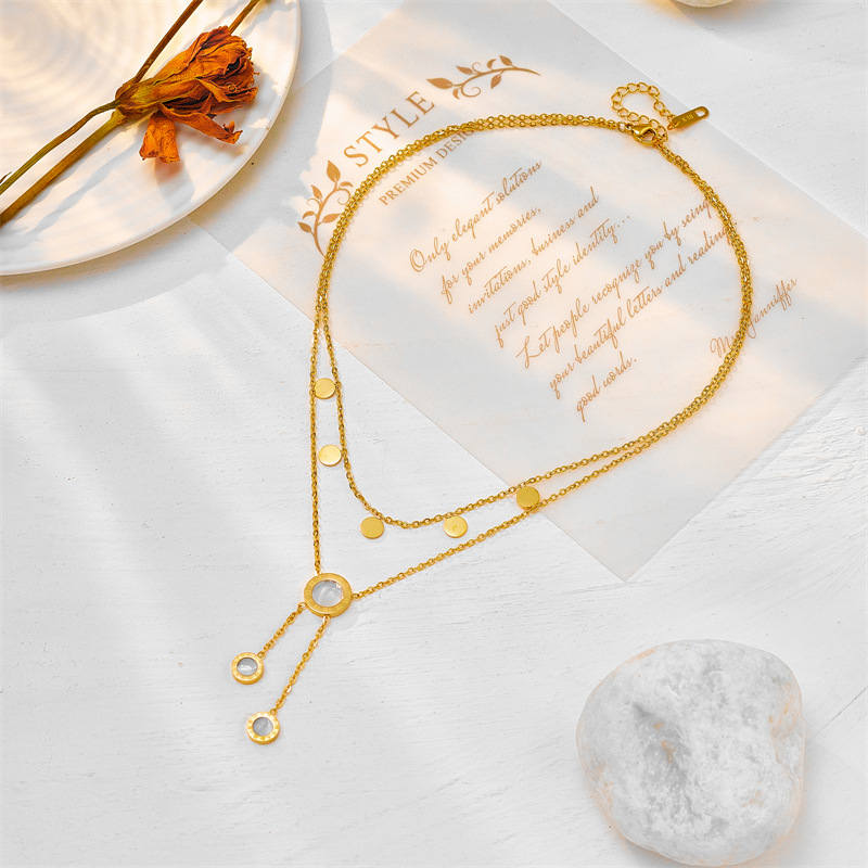 Double-layer Roman round brand shell tassel titanium steel clavicle chain niche design light luxury high-end temperament necklace_voghion.com