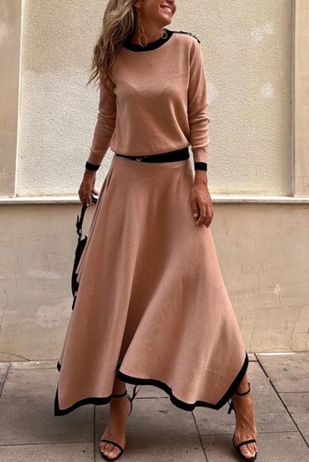 Zweiteiliges Set mit langärmeligem, unregelmäßigem, einfarbigem Rock für Damen_voghion.com