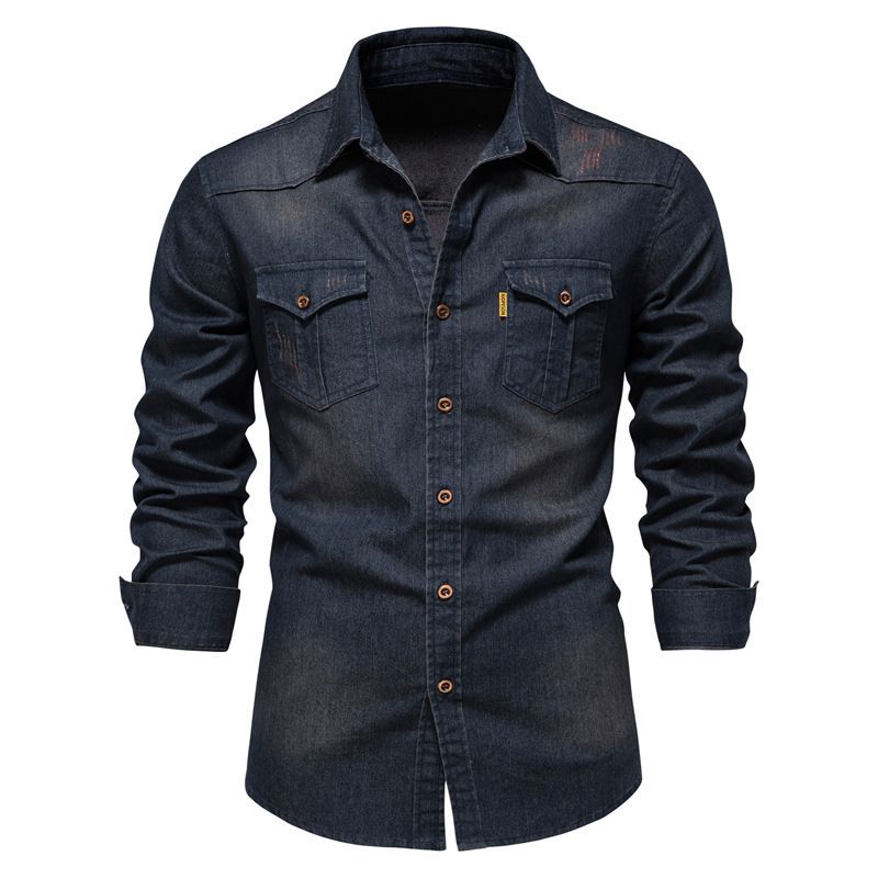 Jeanshemd für Herren – Klassische Langarm-Arbeitskleidung aus Baumwoll-Chambray, sandgewaschen und vorgeschrumpft (15 Farben von Mitternachtsschwarz bis Vintage-Blau)_voghion.com