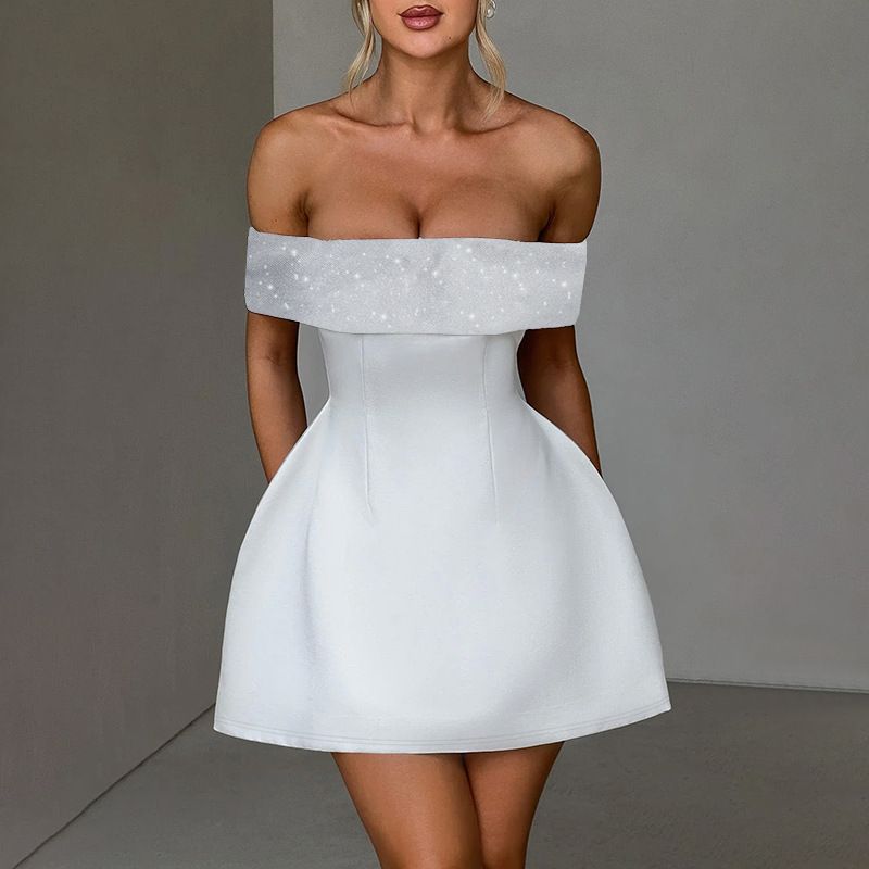 Off-Shoulder Women's Fashion 2025 Autumn New Sexy Slim Fit Shimmer Strapless A-Line Short Dress_voghion.com