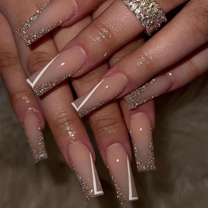 Glitter White 24Pcs Line Design False Nails Wearable French Fake Nails Long Square Head Press on Nails Full Co_voghion.com