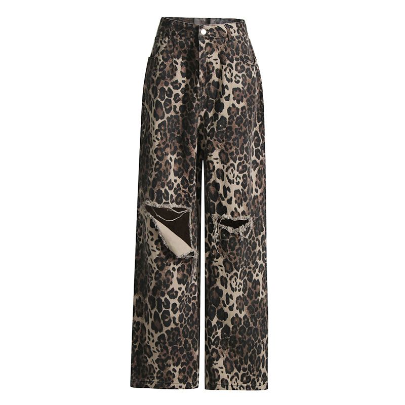 Women's clothing New American Retro Leopard Print High Waist Slim Straight Pants Niche Design Ripped Jeans_voghion.com