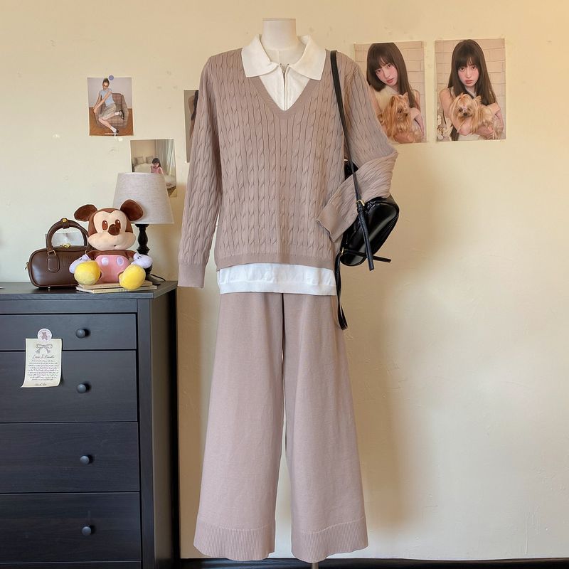 Women's Clothing women's autumn and winter new thick lapel stitching sweater two piece suit knitted sweater wide leg pants temperament suit_voghion.com