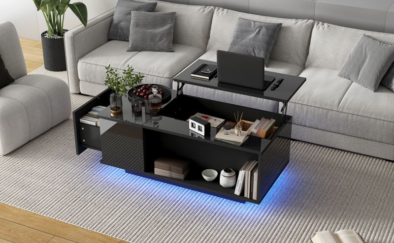 Table basse réglable en hauteur 100 x 50 x 40 cm avec rangement dissimulé, éclairage LED, tiroir, table d'appoint de salon, noire_voghion.com