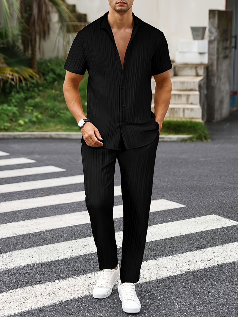 Costum casual pentru bărbați, la modă, cu dungi texturate și valuri, cu mânecă scurtă, pantaloni lungi_voghion.com