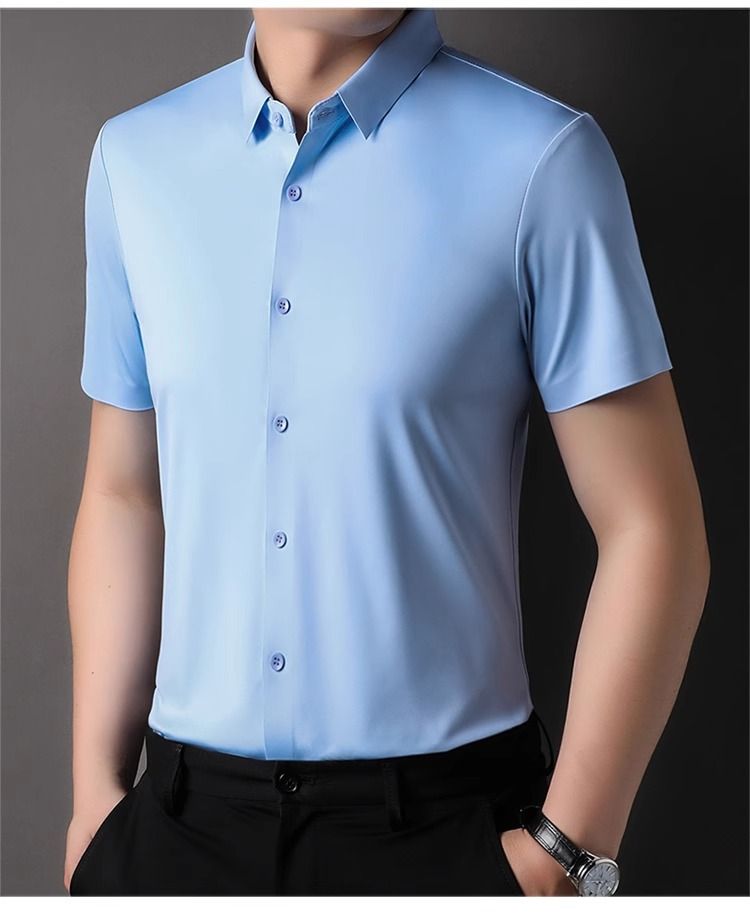 Herrenbekleidung Ice Silk Hochelastisches, dehnbares Kurzarmhemd aus Ice Silk – knitterfrei, Business Casual, nahtlose Komfortpassform in mehreren Farben_voghion.com