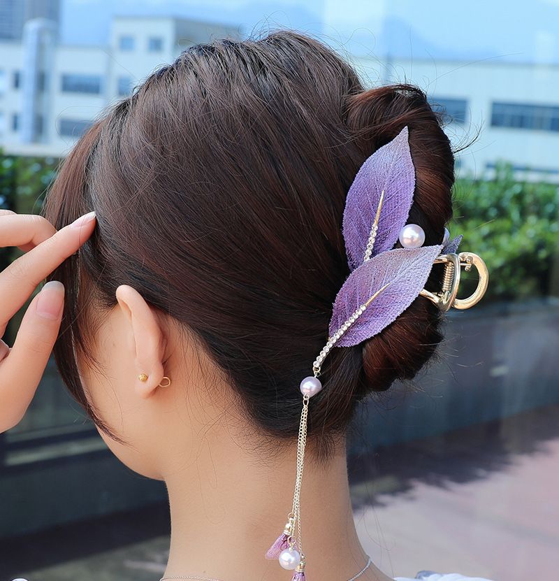 Large Leaf Multiple Strands, Butterfly Clip With Half Tied Clip, Summer High-end Tassel Hair Accessory_voghion.com