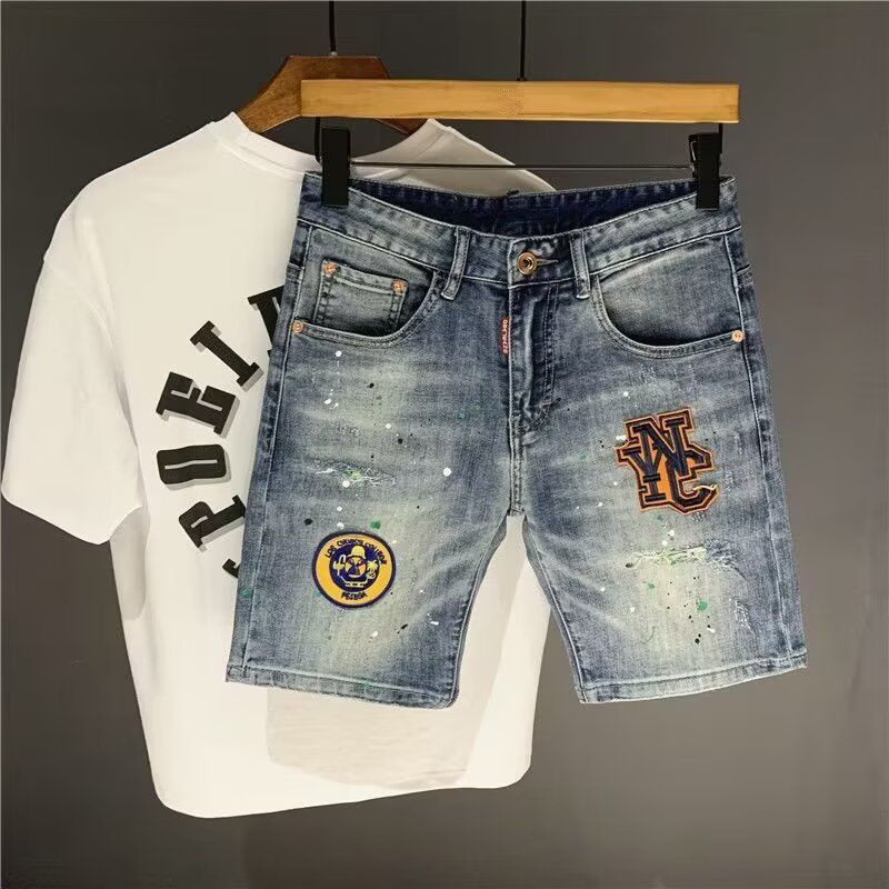 Herrenbekleidung Herren-Jeansshorts im Used-Look mit Stickerei und Spritzer-Design – dehnbare, lässige Streetwear-Cargo-Shorts mittlerer Länge (Hellblau)_voghion.com