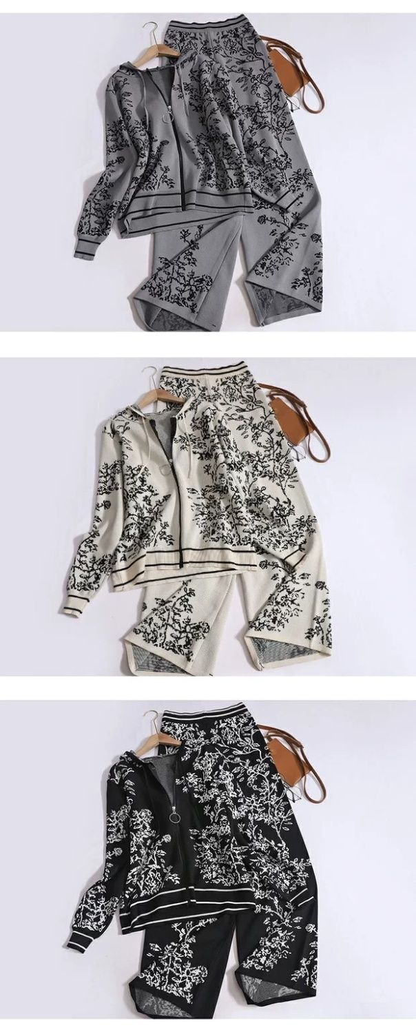 Kadınlar için kadın moda örme takım elbise kapüşonlu kazak geniş bacak pantolon iki parçalı set modaya uygun_voghion.com