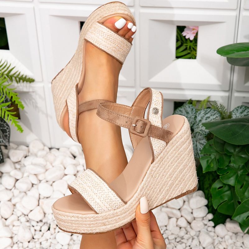 Aprikosenfarbener Keilabsatz mit dicker Sohle für mehr Höhe, modischer und bequemer lässiger Einknopf-Damenschuh_voghion.com