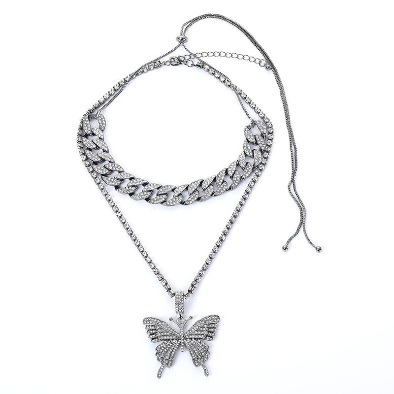 Exaggerated Rhinestone Geometric Set Cuban Chain Large Butterfly Necklace For Women Versatile High-end Feel_voghion.com