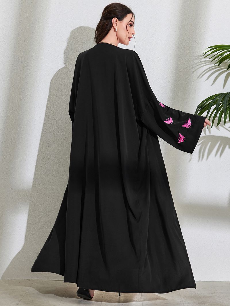 Abito lungo elegante da donna con tasca, cardigan aperto con farfalla ricamata, moda musulmana, tessuto in poliestere per il Medio Oriente_voghion.com