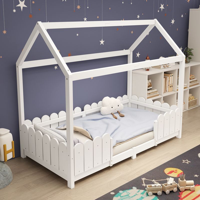 Hausbett 90x200cm, Holz-Kinderbett Mit Rausfallschutz, Bianco_voghion.com