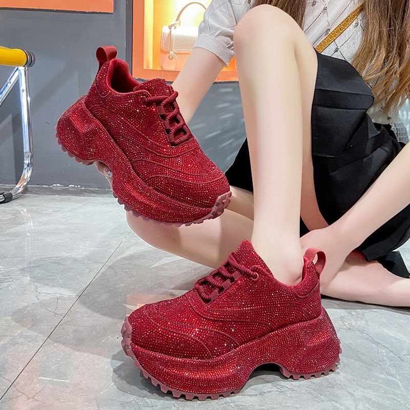 Modische Damen-Sneaker mit Strasssteinen – klobige Plateauschuhe für mehr Körpergröße, atmungsaktives Obermaterial aus PU, lässige und trendige Low-Top-Schnürschuhe_voghion.com