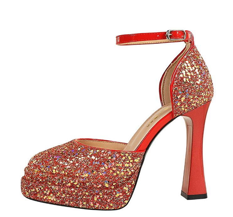 Women's Strappy High Heel Sandals With Glitter Platform Round Toe Chunky Heel For Summer Party Night Out One Strap Sandals_voghion.com