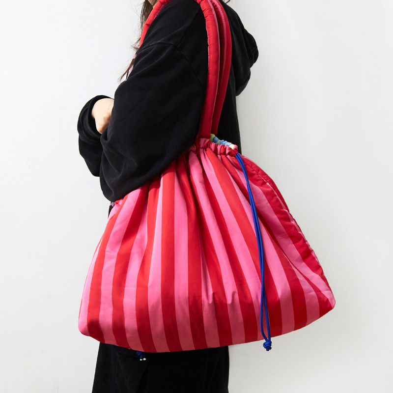 Pink Striped Canvas Color Block Large Capacity Shoulder Fashion Trendy Tote Bag_voghion.com