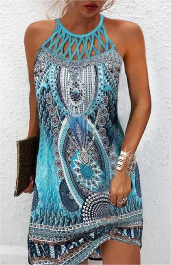 Rochie casual fără mâneci, cu imprimeu din plasă și curea, în stil etnic, 2025, primăvară/vară, nouă, pentru femei_voghion.com