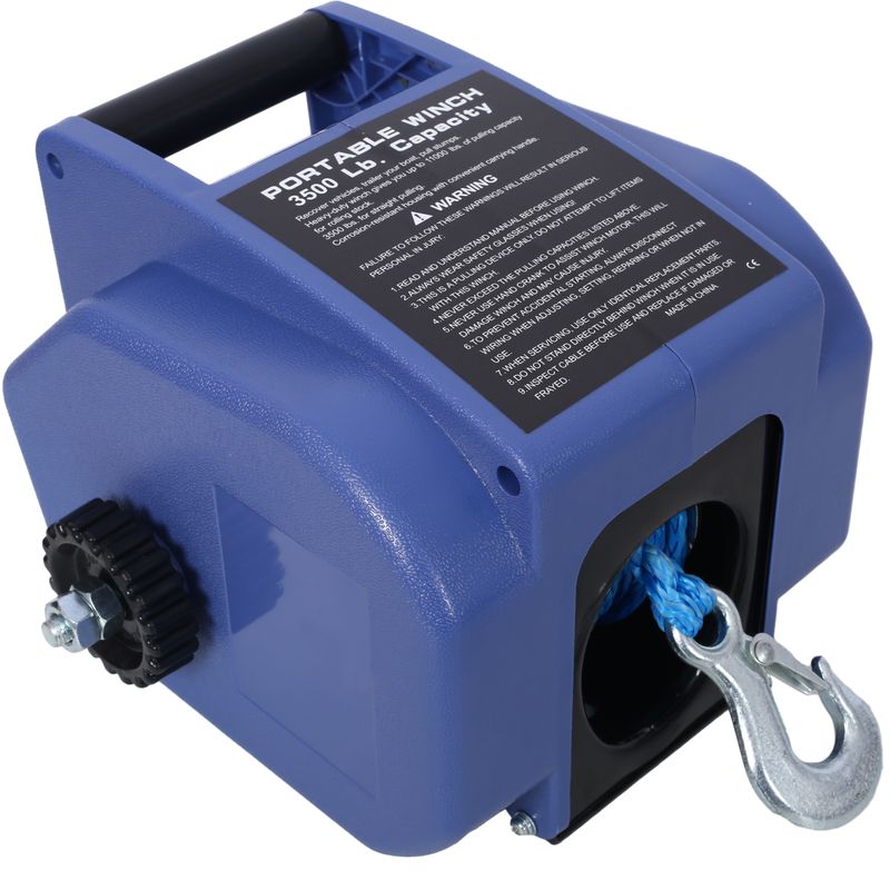 12v 3500lbs Trailer Winch,Reversible Electric Winch, For Boats Up To 5000 Lbs.,with Synthetic Rope,with Extra Pulley Hook,power In And Power Out,with Manual Function.blue Plastic Casing_voghion.com