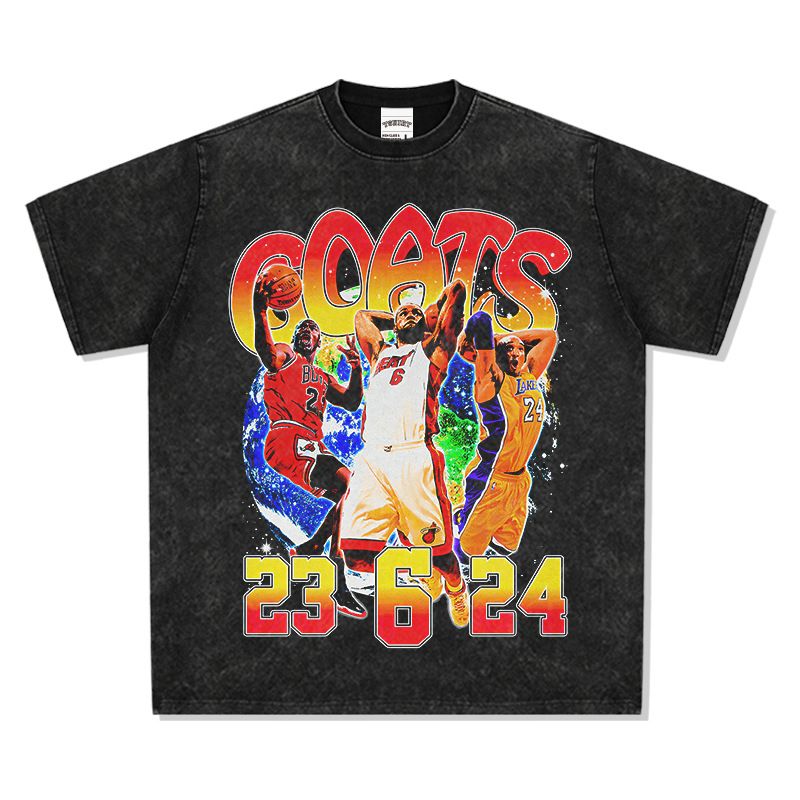 Camiseta estampada Big Three James Kobe manga curta comprida gola redonda caimento solto ombros caídos_voghion.com