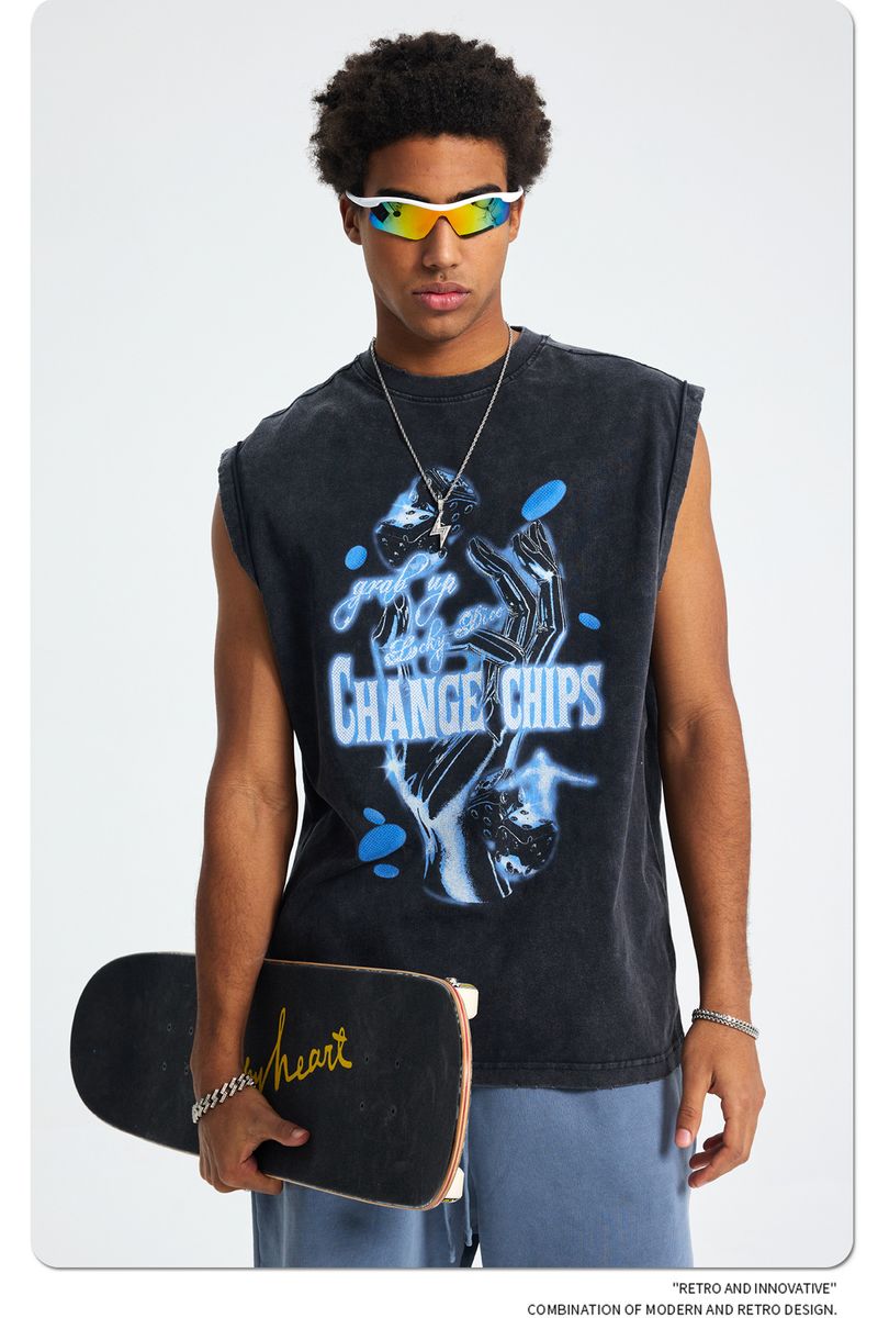 Batik Edged Vest Men's Vest Patch Splicing Printing Washing Water Retro Sleeveless T-shirt_voghion.com