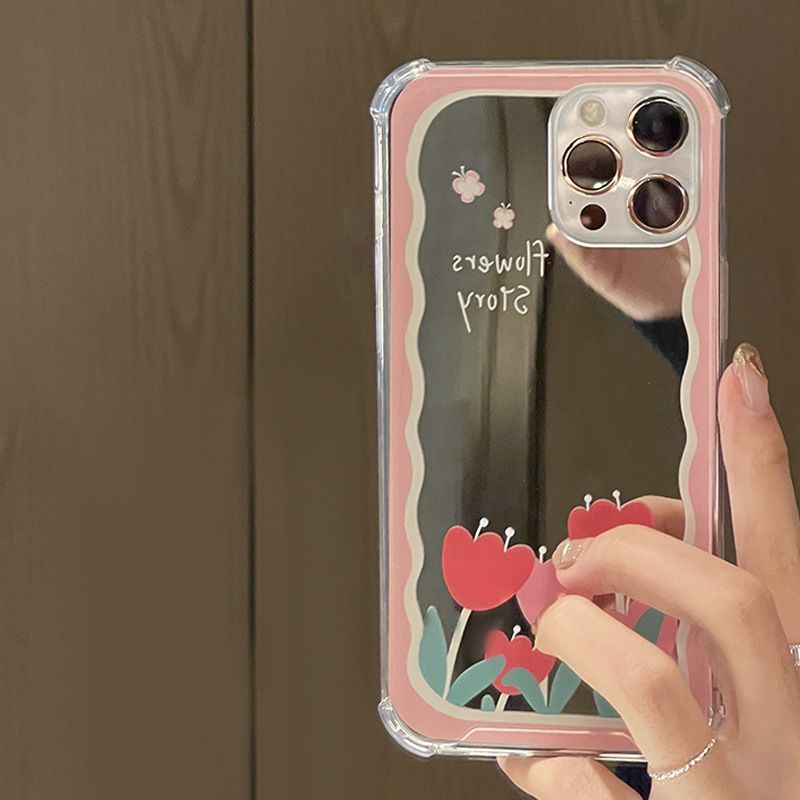 Tins Early Spring Tulip Makeup Mirror Mirror Phone Case Suitable for 15/14/13/12/11/X Series_voghion.com