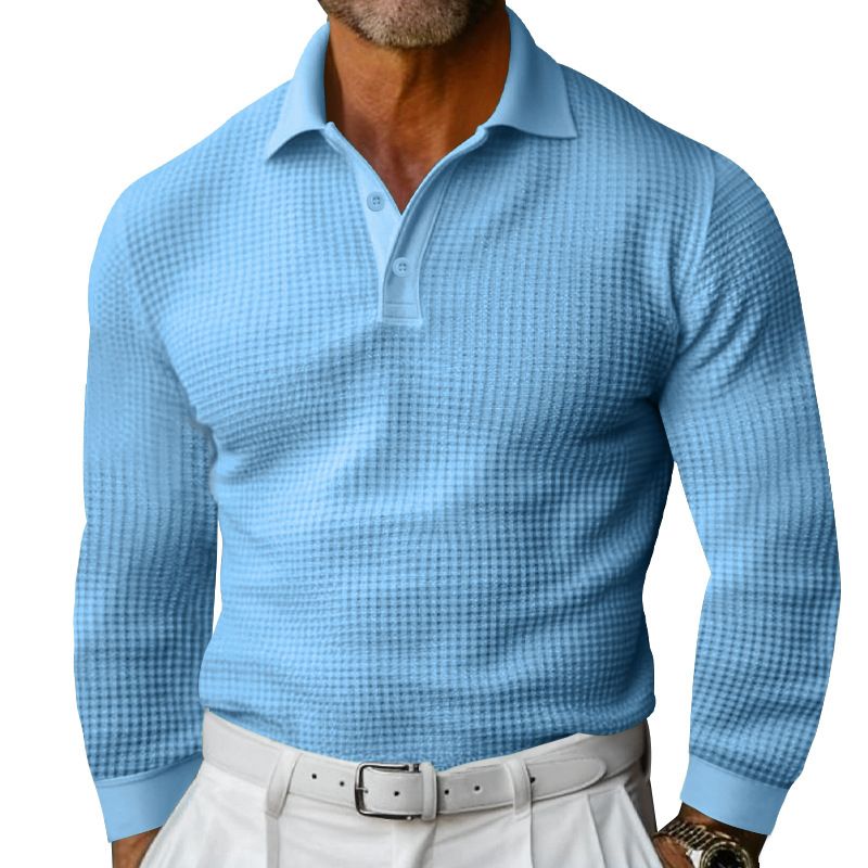 Herrenbekleidung T-Shirt Waffel-Reversknopf Slim Langarm-Poloshirt Herren_voghion.com