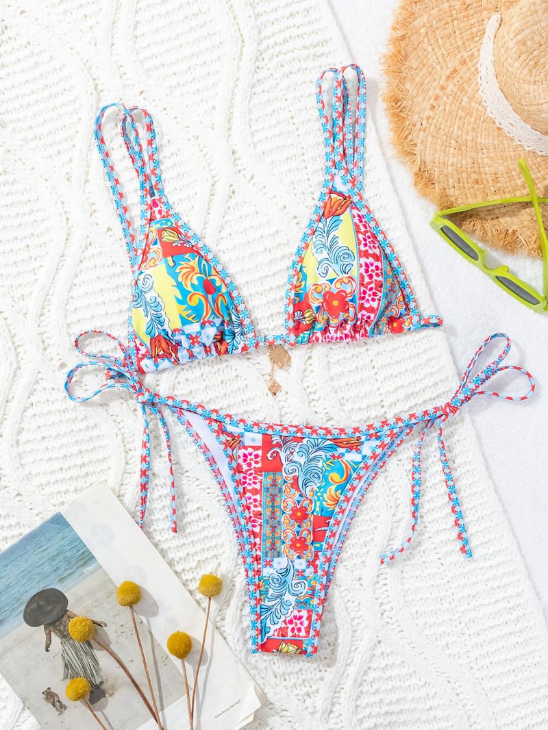 Costume de baie pentru femei, model nou, albastru și alb, cu imprimeu de porțelan, șireturi, bikini sexy, divizat_voghion.com