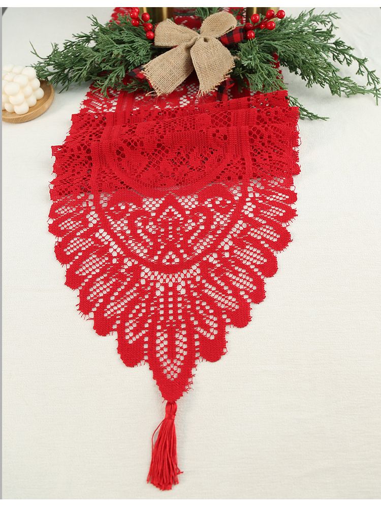 Weihnachtstischläufer mit bestickter Spitze und Quasten – Lange Esstischdekoration für Weihnachtsfeiern_voghion.com