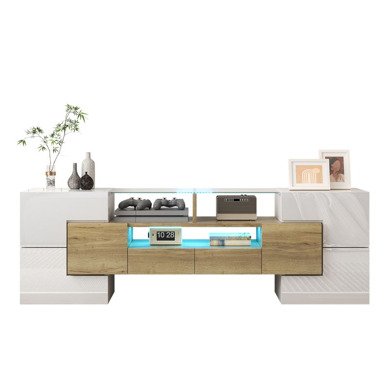 Meuble TV moderne, buffet bas blanc brillant de 145 cm avec éclairage LED, surface en verre élégante, mobilier de salon contemporain_voghion.com
