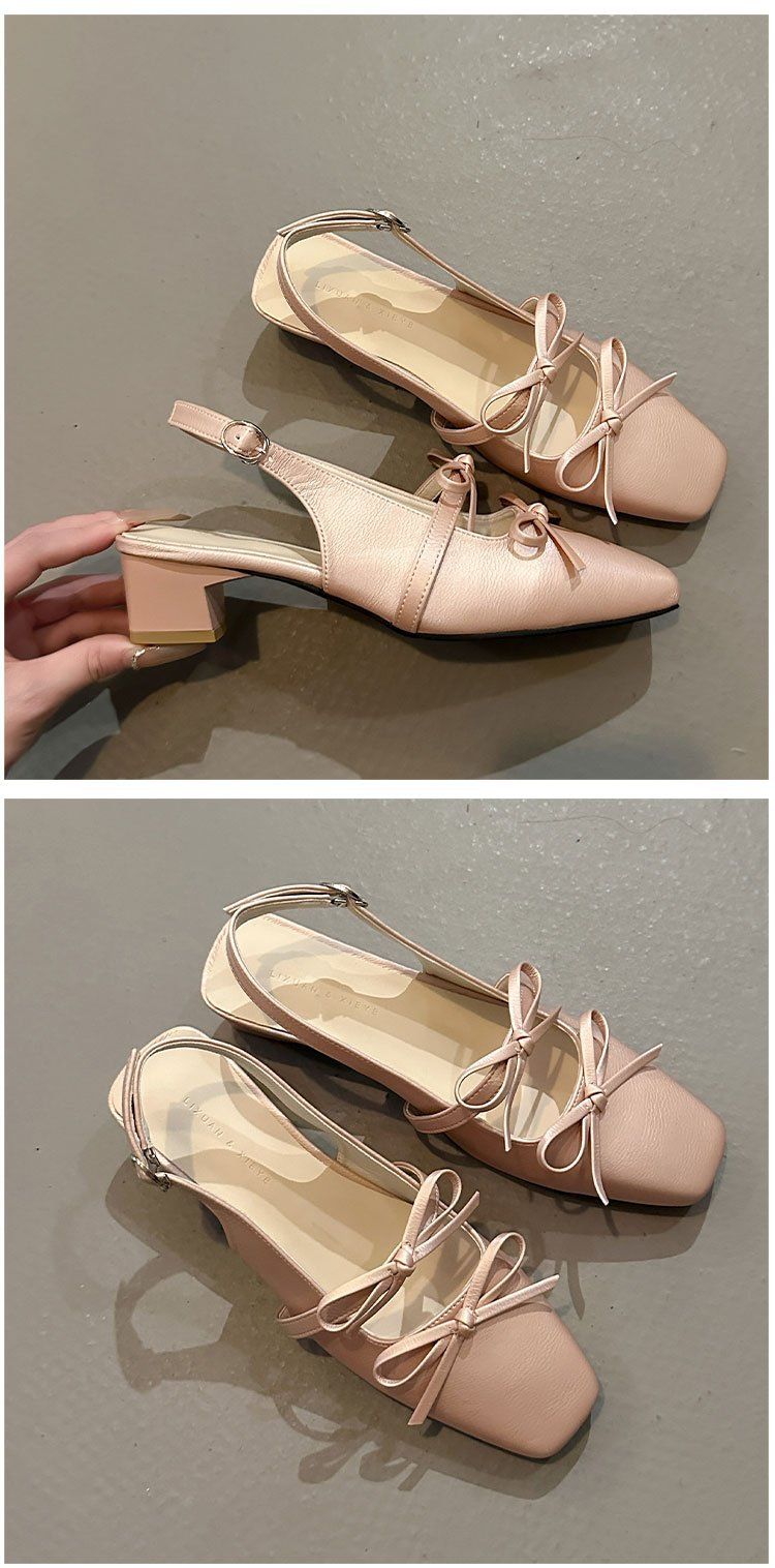 French Evening Bow Pink Women's Closed Toe Strappy Sandals 2025 New Summer Square Toe Shallow Sandals_voghion.com