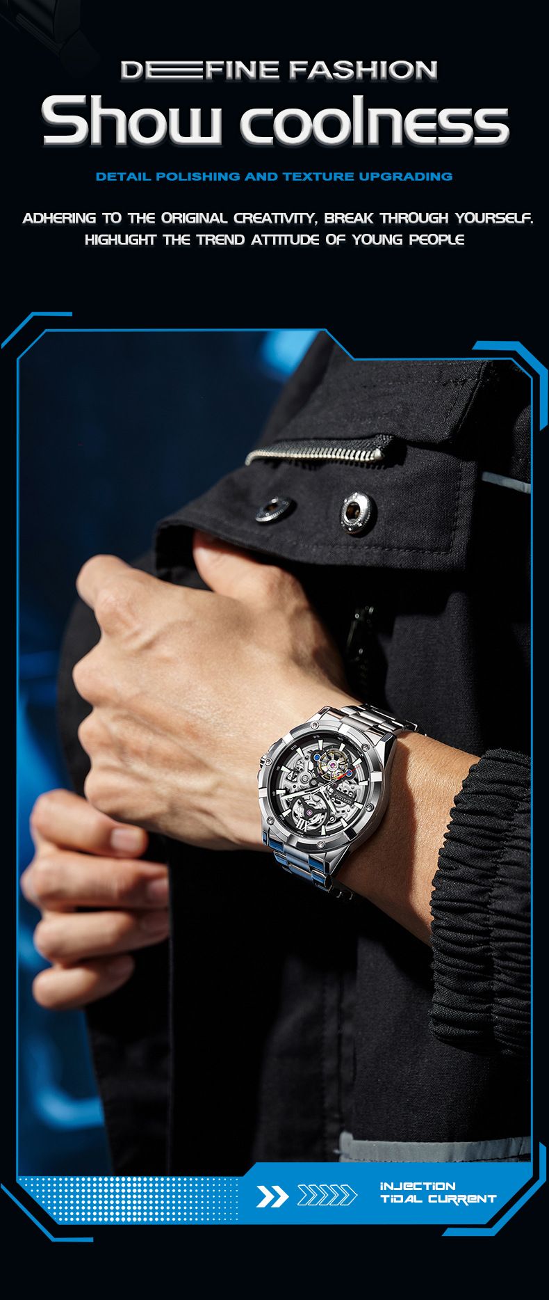 Orologio meccanico scheletrato automatico da uomo con lancette luminose, cinturino in acciaio inossidabile, quadrante rotondo da 42 mm, resistente all'acqua fino a 30 m, completamente automatico_voghion.com