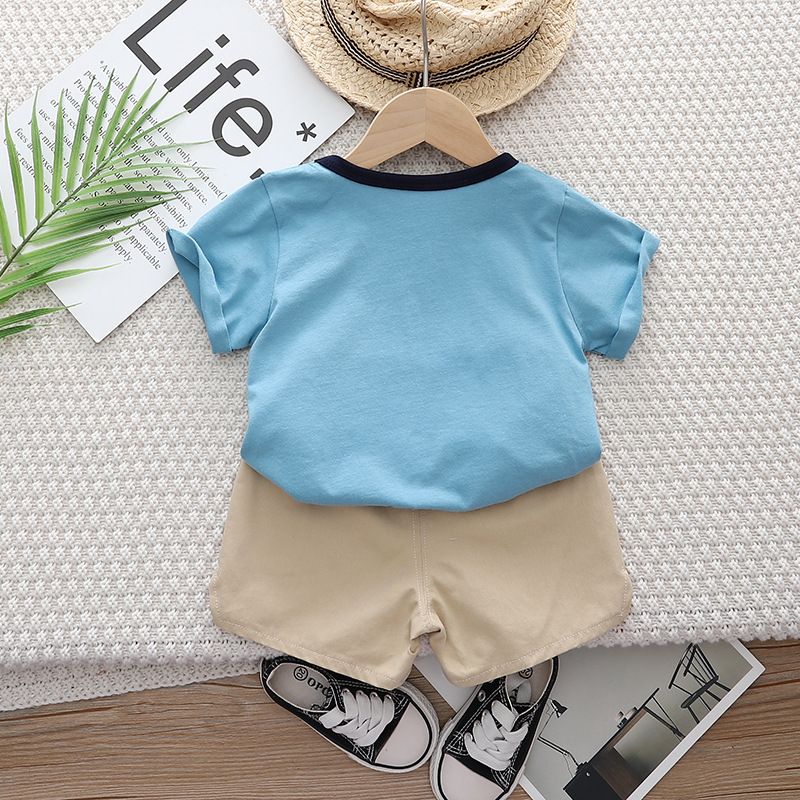 Meninos Verão 2024 Novo Bebê Moda Casual Gola Redonda Carta Golfinho Manga Curta Conjunto de Duas Peças_voghion.com