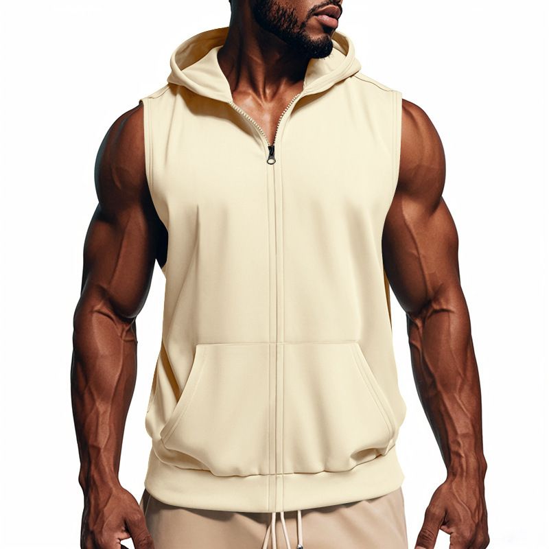 Herren Sommer Unterhemd mit Kapuze Sport Fitness Training Reißverschluss Strickjacke Ärmellose Weste Tops_voghion.com