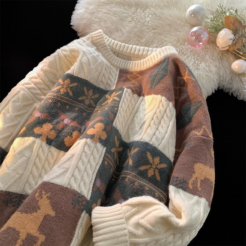 Oversize-Pullover im Vintage-Stil im japanischen Stil – Kuscheliger Winterpullover mit Farbblockdesign, Rundhalsausschnitt und lockerer Passform für Freizeit- und Weihnachtsoutfits_voghion.com