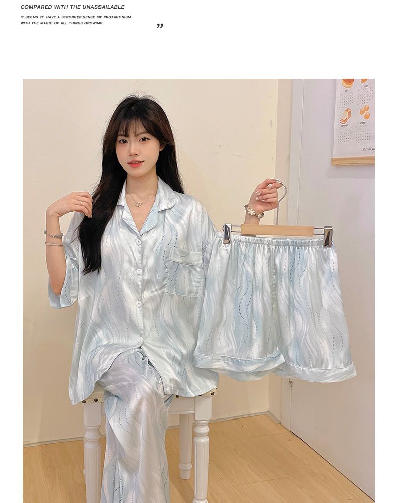 Damen-Pyjama-Set aus Eisseide – 3-teilig mit Brustpolster, kurzen Ärmeln, ideal für kühle Nächte_voghion.com
