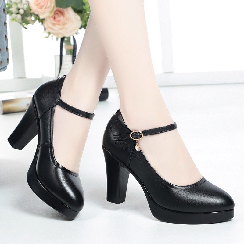 High 2025 Herbst Neue Casual Runde Kopf Dicke Ferse Ein Knopf Professionelle Schwarze Arbeit Damenschuhe_voghion.com