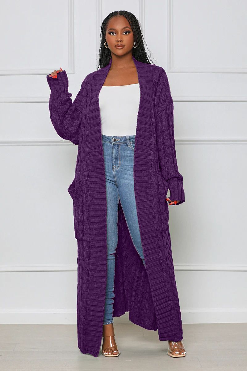 Damenbekleidung Locker gestrickte Strickjacke, gemütliche, übergroße Strickjacke mit Taschen, langer Zopfmuster-Pullovermantel, lockerer Boho-Chic, offene Vorderseite_voghion.com