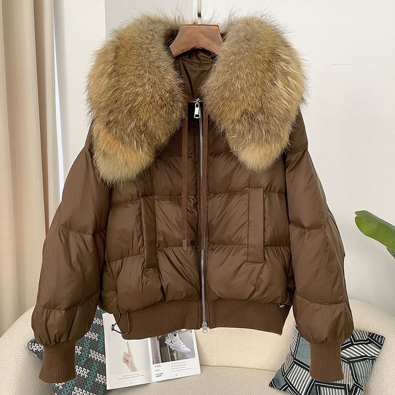 Women's Clothing Ready to stock detachable oversized raccoon fur collar winter women's short thickened white duck Warm jacket jacket flat coat coat_voghion.com