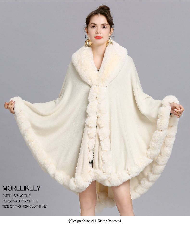 Eleganter Damen-Cape-Mantel mit Kunstpelzkragen – Übergroßer Strickjackenschal für Winter, Frühling und Herbst_voghion.com