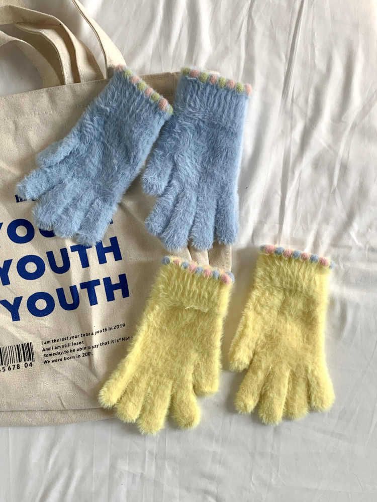Kolorowe, damskie, zimowe rękawiczki Jelly Bean z polarową podszewką, ciepłe, bezpalcowe, pięciopalczaste, do ekranów dotykowych_voghion.com