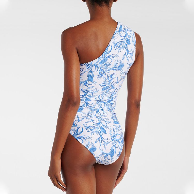 Maillot de bain une pièce bleu à fleurs pour femme – Design frais aux épaules, style européen et américain_voghion.com