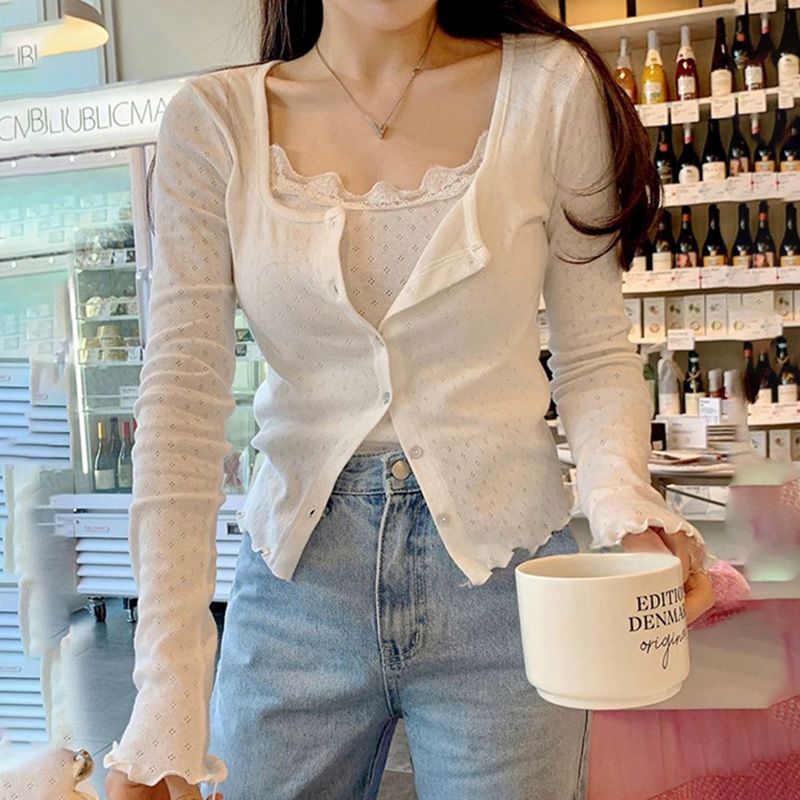 Lace splicing suspender knitted slim fit button up cardigan top with wooden ear edge two-piece small fresh set_voghion.com