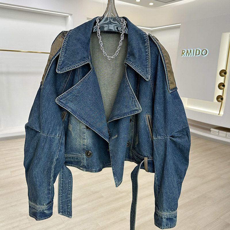 Women's Clothing Leather Denim Short Jacket Vintage Distressed Denim Jacket Women's Casual Oversized Short Coat With Patchwork Design, Retro Blue_voghion.com