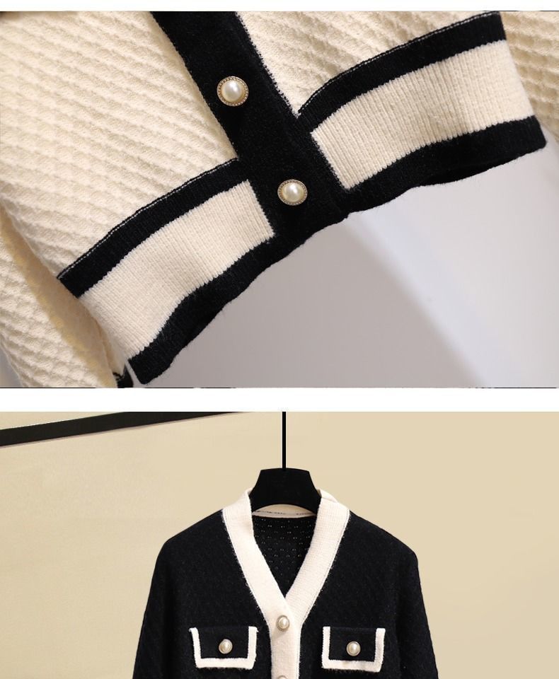 Women's Stylish Denim Set Knit Cardigan With Contrast Color Block Flared Bootcut Pants Slim Fit V-Neck Top HighSlit Bell Bottoms OfficeCasual Outfit_voghion.com