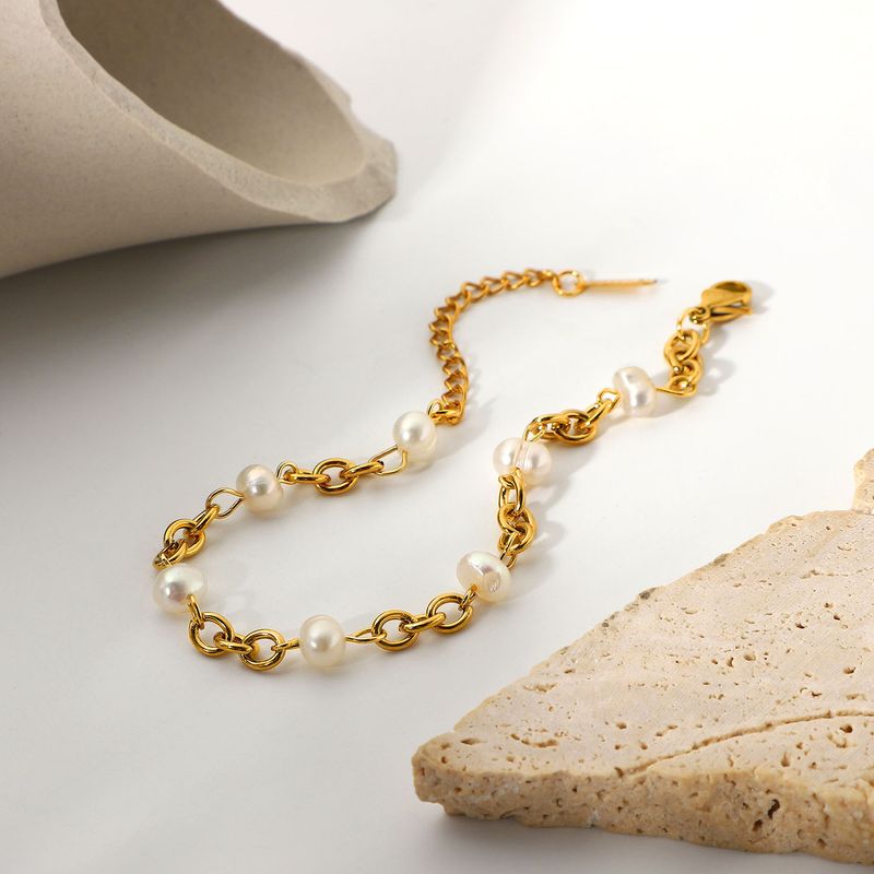 Bracciale a catena con 6 perle d'acqua dolce naturali placcate in oro, in acciaio inossidabile, INS Hot Selg, per donna_voghion.com