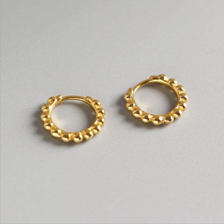 925 Sterling Silver Gold Beads Lip Nose Huggie Hoop Clip Earrings 12mm Gift E12_voghion.com