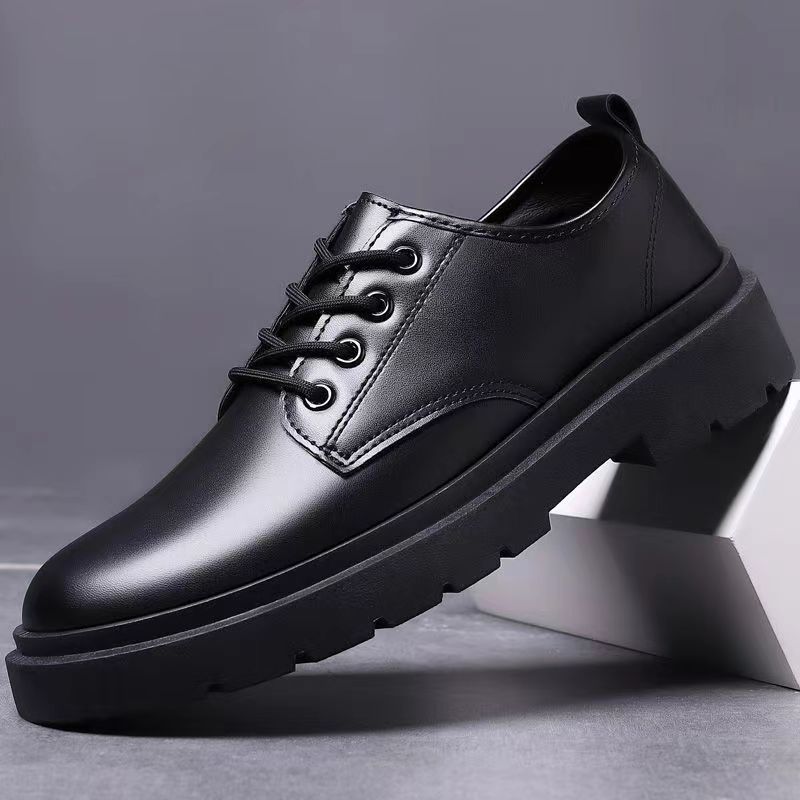 Spring And Autumn Low-top Lace-up Black British Style Work Thick-soled Men's Casual Leather Shoes_voghion.com