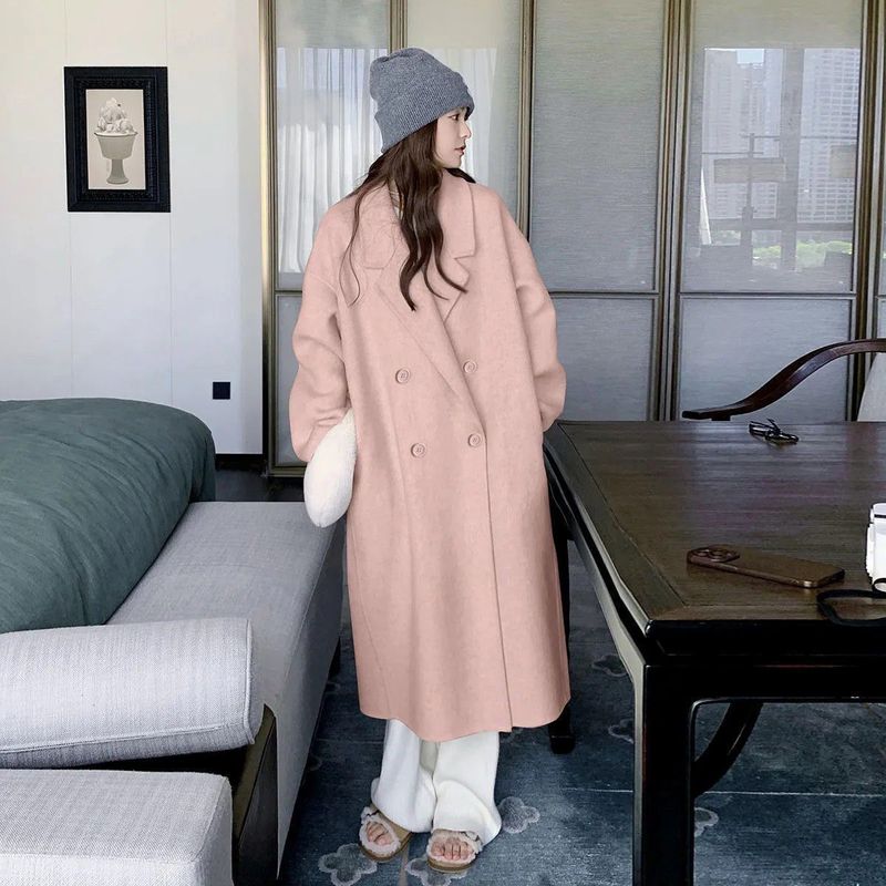 Women's Long Wool Blend Coat - Korean Style Oversized Trench Coat With V-Neck, Elegant Loose Fit Spring Fall Outerwear In Beige, Black, Camel & More_voghion.com