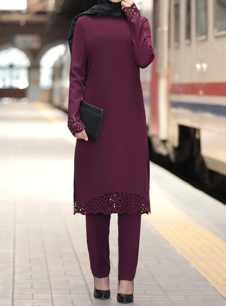 Conjunto de duas peças islâmico feminino, blusa longa vazada de chiffon, calça muçulmana, kaftan marroquino, abaya, roupas de oração do Ramadã_voghion.com