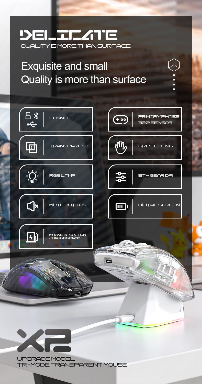Souris de jeu sans fil Bluetooth lumineuse et transparente à trois modes avec écran Attack Shark X2PRORGB_voghion.com